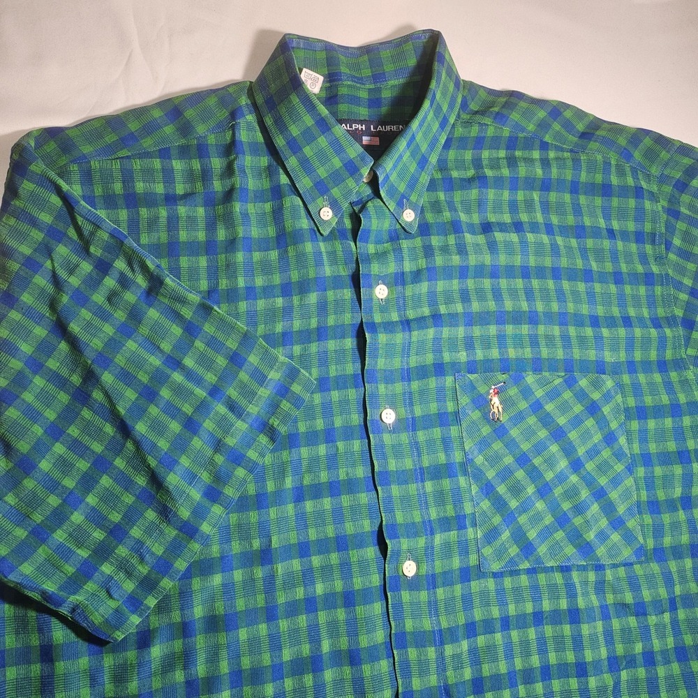 Polo Sport Ralph Lauren Mens Large Green Blue Check Short Sleeve Button Down